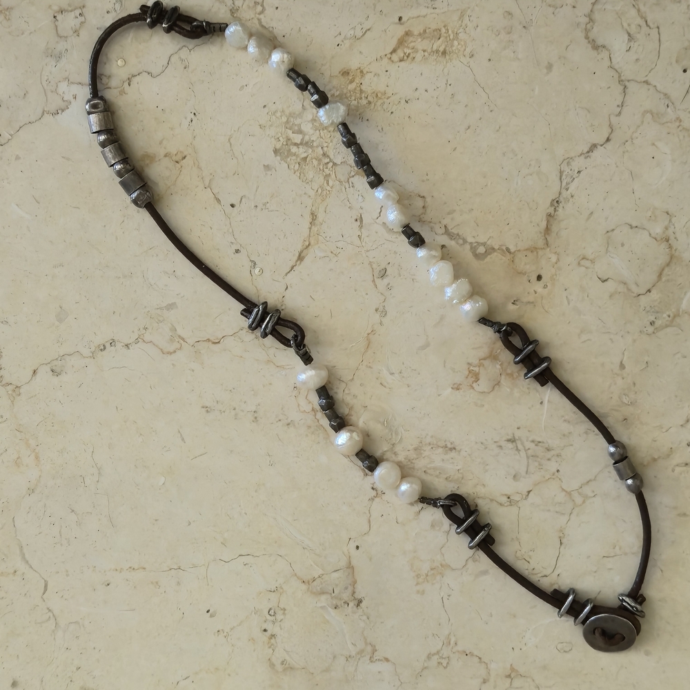 Silpada Brown Leather and White Pearl Necklace & Bracelet - Picture 5 of 9